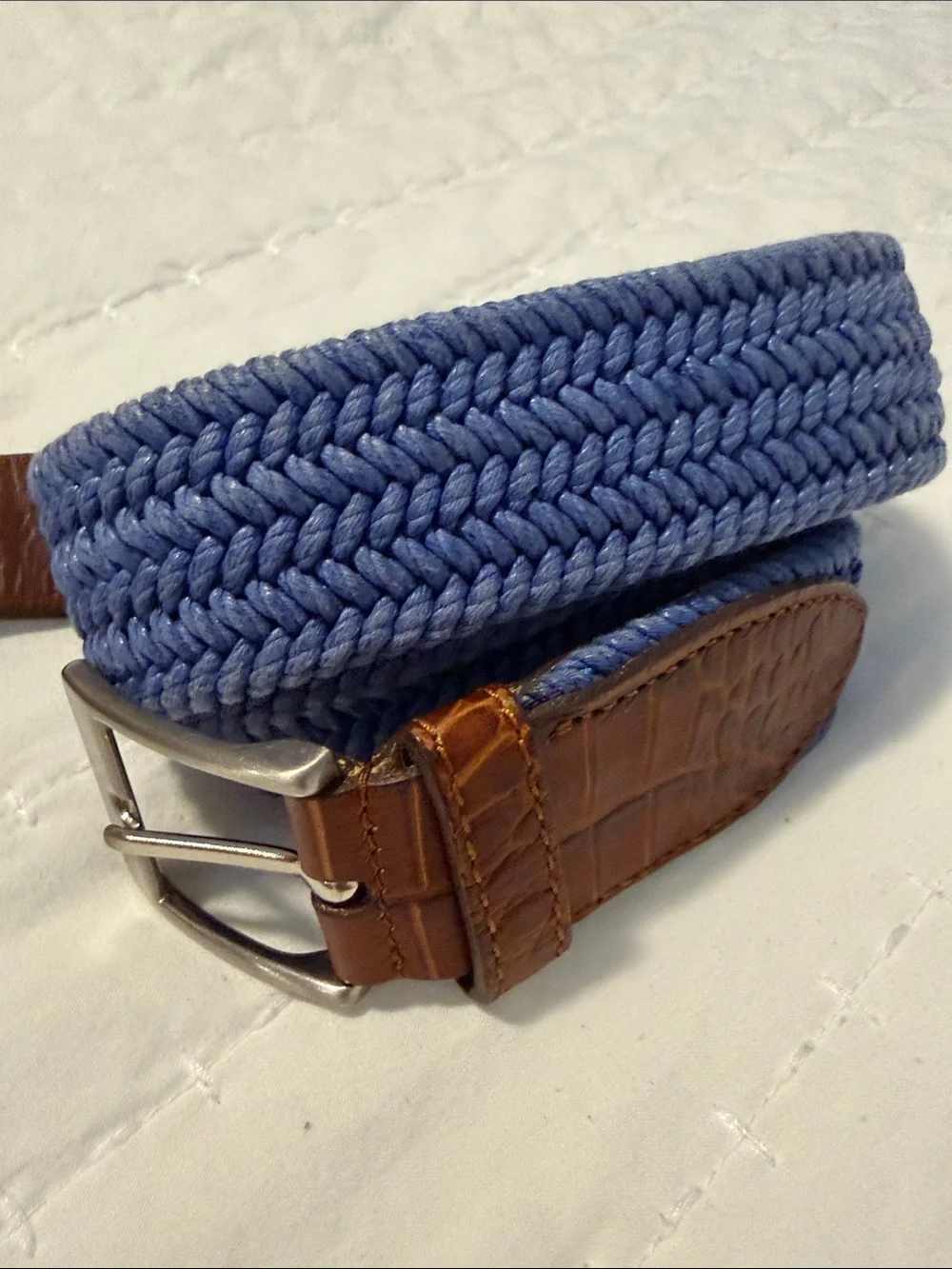 Braided Blue Fabric Belt with Brown Croc-Texture Leather Trim